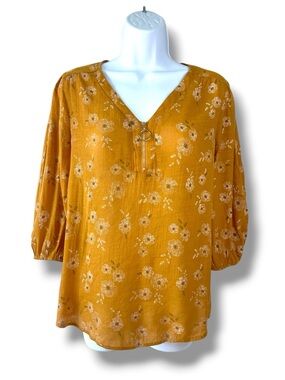 Peasant Blouse Mustard Floral Zip Neck Boho Cottagecore Siren Lily Petites